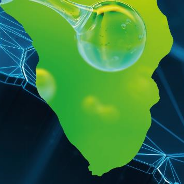 Wasserstoffmolekül über Afrika als Symbol für nachhaltige Energie und Wasserstoffprojekte (HyTrA Projekt)