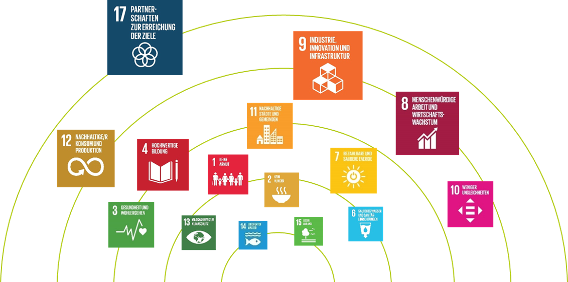 Übersicht der UN-Nachhaltigkeitsziele (SDGs) mit Fokus auf Industrie, Innovation, Nachhaltigkeit und Partnerschaften