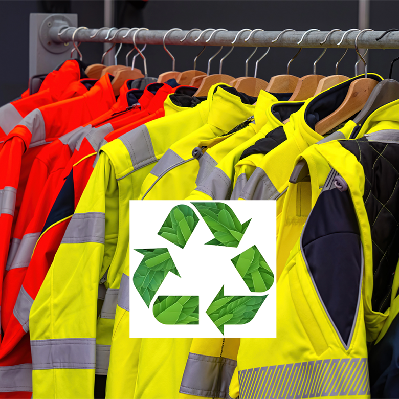 Warnschutzkleidung auf Kleiderstange mit Recyclingsymbol – Symbol für zirkuläre Textilien und Kreislaufschließung in der Textilbranche.