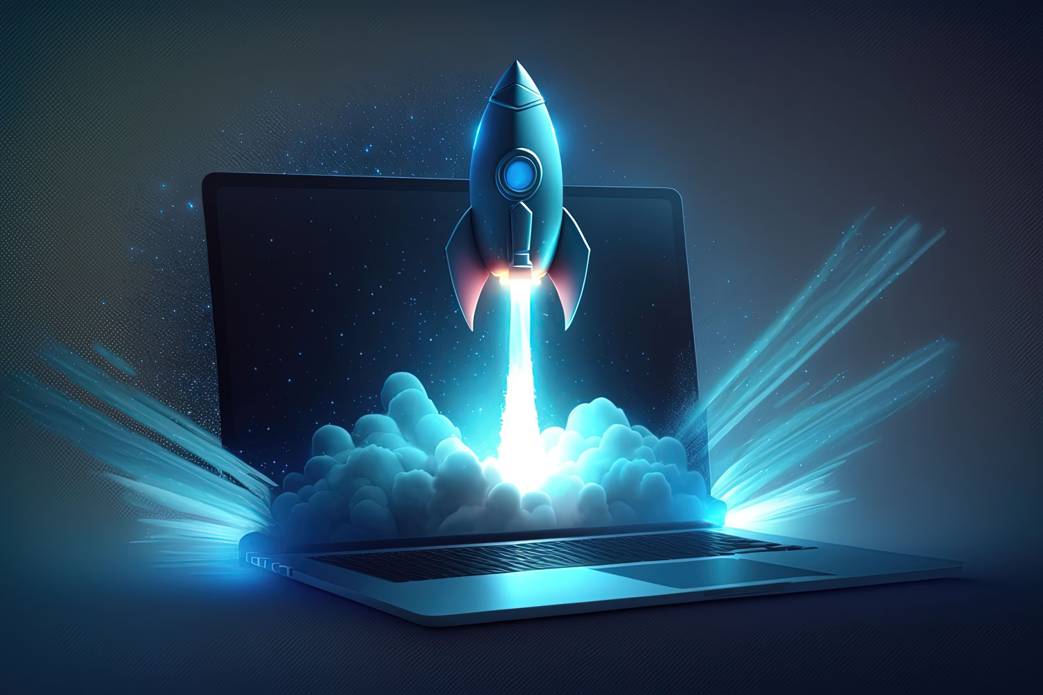 Raketenstart aus Laptop als Symbol für Unternehmenswachstum durch Fördermittel und digitale Innovation