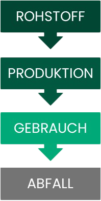 Infografik zur linearen Wertschöpfung mit den Stufen Rohstoff, Produktion, Gebrauch und Abfall.