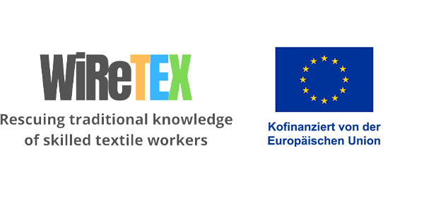 Logo des WireTEX-Projekts mit EU-Flagge – Initiative zur Bewahrung traditionellen Wissens von Textilfacharbeiterinnen und Textilfacharbeitern.