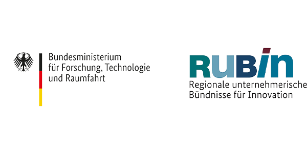 Logos des Bundesministeriums für Forschung, Technologie und Raumfahrt sowie RUBIN – Regionale unternehmerische Bündnisse für Innovation
