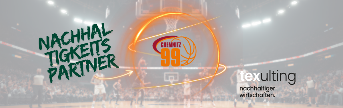 Basketballspiel der NINERS Chemnitz mit Texulting Branding und Schriftzug „Nachhaltigkeitspartnerr“ in der Arena