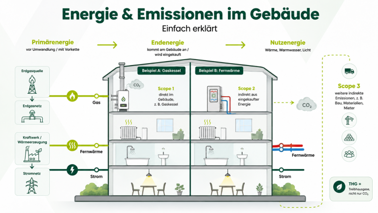 Infografik zu Energie und Emissionen im Gebäude. Die Grafik erklärt den Unterschied zwischen Primärenergie, Endenergie und Nutzenergie und zeigt anhand eines Gebäudes, wie Gas, Fernwärme und Strom genutzt werden. Außerdem werden Scope 1 Emissionen durch direkte Emissionen im Gebäude, Scope 2 Emissionen durch eingekaufte Energie und Scope 3 Emissionen durch Bau, Materialien und Mieter dargestellt. Ein Hinweis erklärt, dass THG Treibhausgase umfasst und nicht nur CO2 bedeutet.