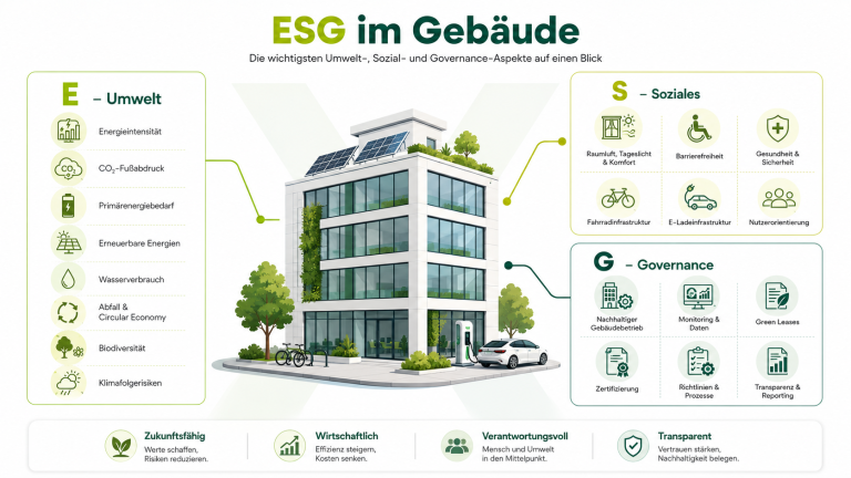 Infografik zu ESG im Gebäude mit einem nachhaltigen Bürogebäude in der Mitte. Die Grafik zeigt Umweltaspekte wie Energieintensität, CO2 Fußabdruck, Primärenergiebedarf, erneuerbare Energien, Wasserverbrauch, Abfall, Circular Economy, Biodiversität und Klimafolgerisiken. Zusätzlich werden soziale Aspekte wie Raumluft, Tageslicht, Komfort, Barrierefreiheit, Gesundheit, Sicherheit, Fahrradinfrastruktur, E Ladeinfrastruktur und Nutzerorientierung sowie Governance Aspekte wie nachhaltiger Gebäudebetrieb, Monitoring, Daten, Green Leases, Zertifizierung, Richtlinien, Prozesse, Transparenz und Reporting dargestellt.