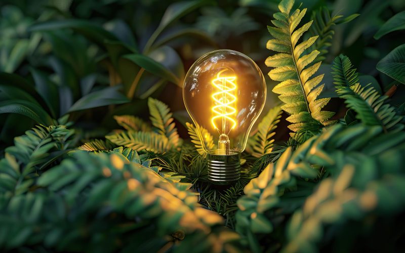 Leuchtende Glühbirne zwischen grünen Pflanzen als Symbol für nachhaltige Innovation bei Texulting