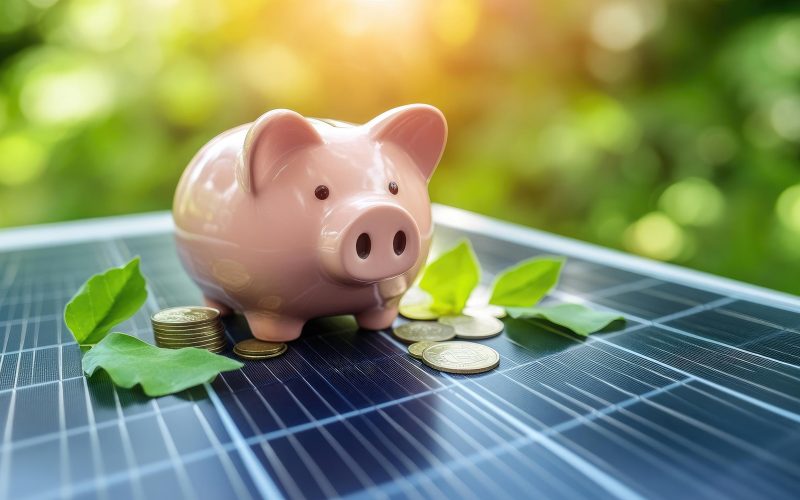 Sparschwein auf Solarpanel mit Münzen als Symbol für nachhaltige Investitionen und Kapital bei Texulting